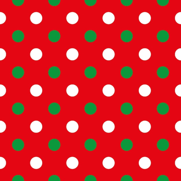 White and green polka dot on red seamless background or pattern. Retro vector vintage Christmas or New Year fabric.