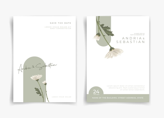 White and green wedding card or invitation card with white flower and leaf theme front side and backside Nature wedding card Nature cover Wedding card template