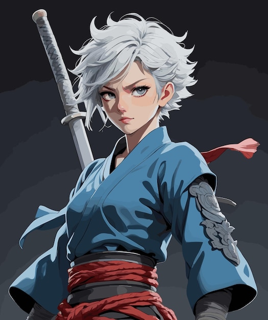 Vector white hair woman samurai