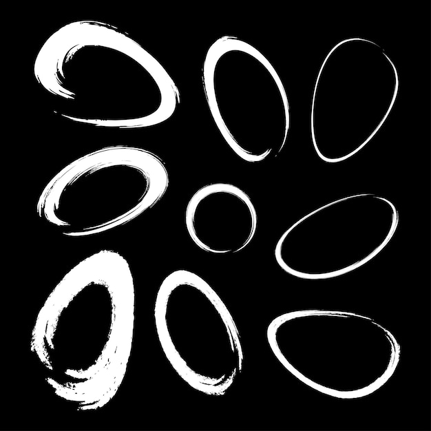 White hand drawn watercolor oval brush stroke set.  Brush circular freehand line smears.