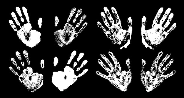 Набор белых отпечатков рук Отпечаток человеческой руки Ладонный отпечаток Черный цвет Векторная гранж-иллюстрация