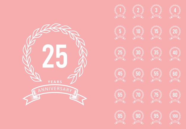 Set logotipo distintivo bianco felice anniversario premium e sfondo rosa