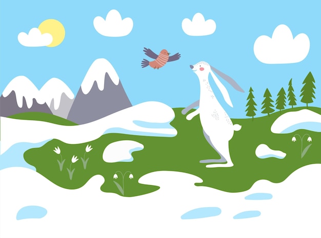 White hare on the background of a spring landscape with mountains Rabbit or bunny and bird