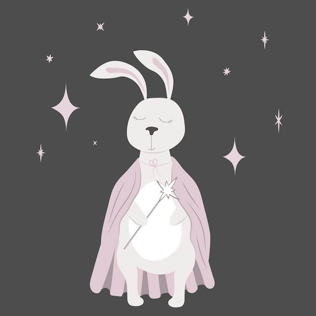 Vector the white hare dressed as a wizard under stars rabbit with a magic wand and a mantle