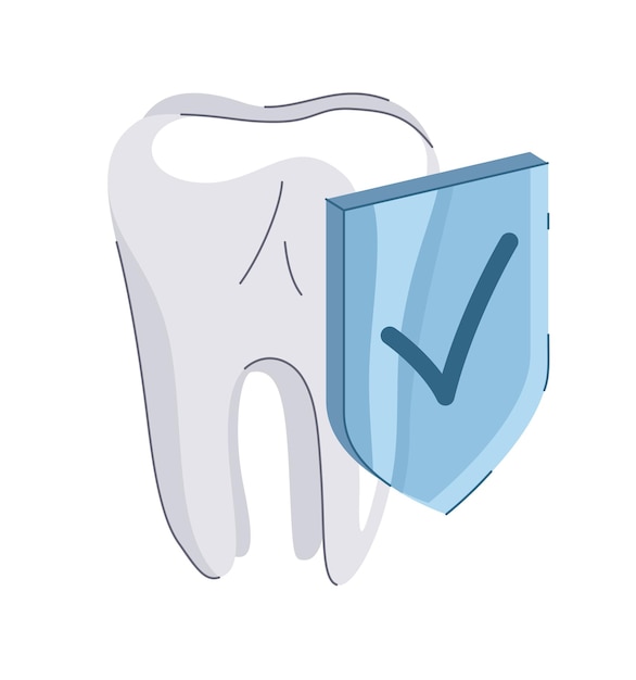 White healthy tooth with protection shield concept isolated vector illustration, minimal simple style drawing.