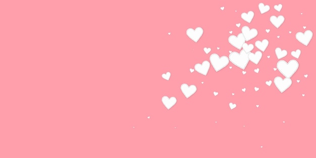 Vector white heart love confettis. valentine's day explosion glamorous background. falling stitched paper hearts confetti on pink background. delightful vector illustration.