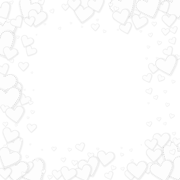 Coriandoli di amore cuore bianco. cornice di san valentino sfondo incantevole. coriandoli di cuori di carta cuciti che cadono su sfondo bianco. incantevole illustrazione vettoriale.