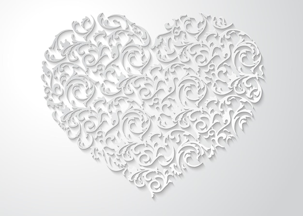 Vector white heart shaped floral pattern with leaves patterned 3d love symbol with shadow light background