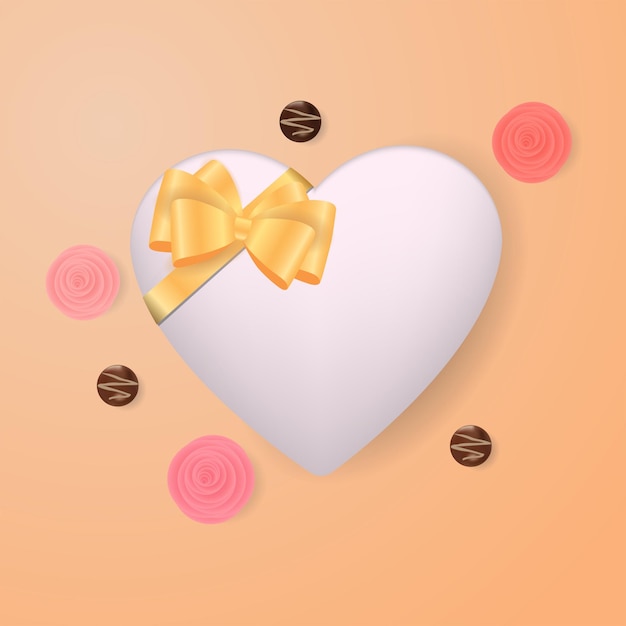 A white heart with a golden bow, sweets and flowers on a peach gradient background. Top view