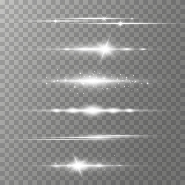 Pacchetto di razzi di lenti orizzontali bianchi, raggi laser, bagliori di luce. raggi luminosi linea bagliore bagliore luminoso striature luminose. linee scintillanti astratte luminose.