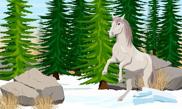 White horse Equus ferus caballus reared up near the winter spruce forest
