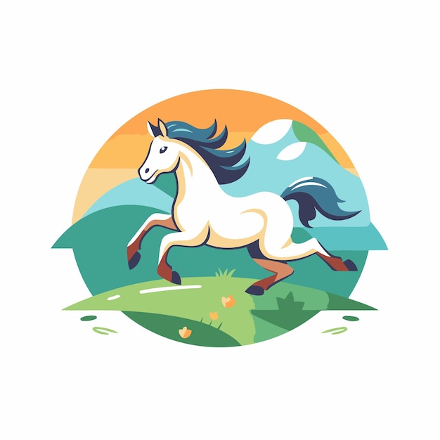 White horse running on the meadow Vector illustration in flat style