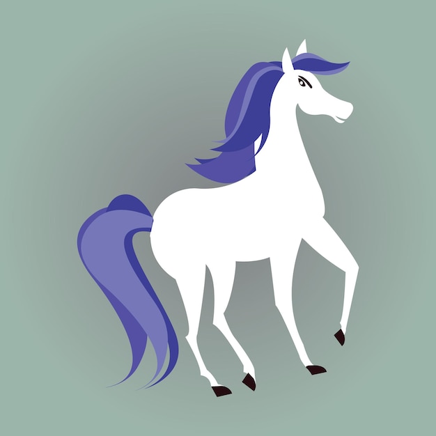 Vector a white horse with blue hair and a purple tail is standing on a green background.