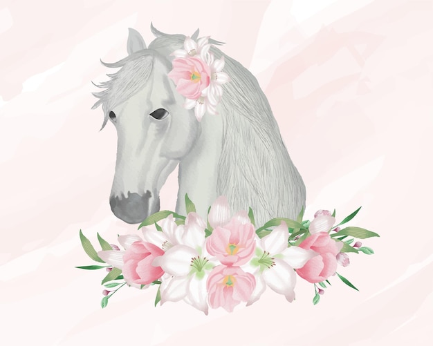 Vector white horse with a wreath of flowers portrait watercolor
 digital art  illustration clipart