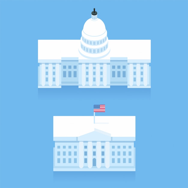 ベクトル 様式化されたフラットな漫画のスタイルのホワイトハウスと国会議事堂の建物。ワシントンdcのランドマーク。