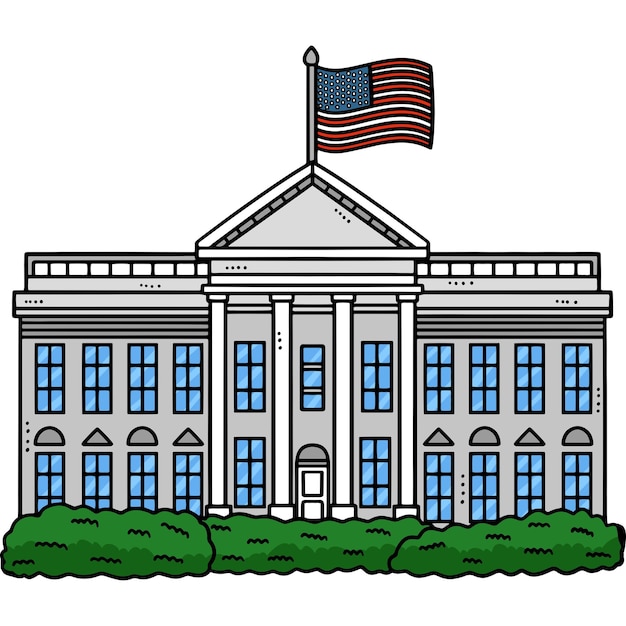 Vector the white house with garden bush cartoon clipart