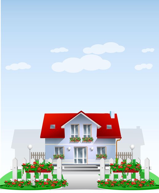 Vector white house with red roof and white cartoon wooden fence with garden flowers in hanging pots