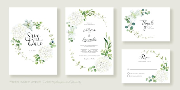 백합 꽃 결혼식 초대 카드 템플릿 흰색 수국.