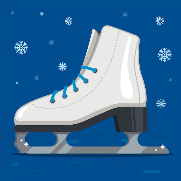 冬のフィギュアスケート用の白いアイススケート。屋外スケートリンク。フラットなイラスト。