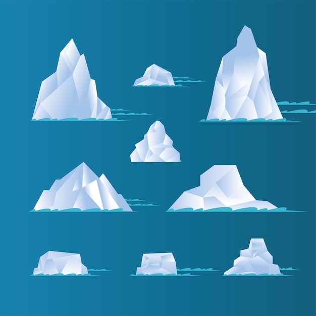 White icebergs set design, Water blue ocean and ice theme.