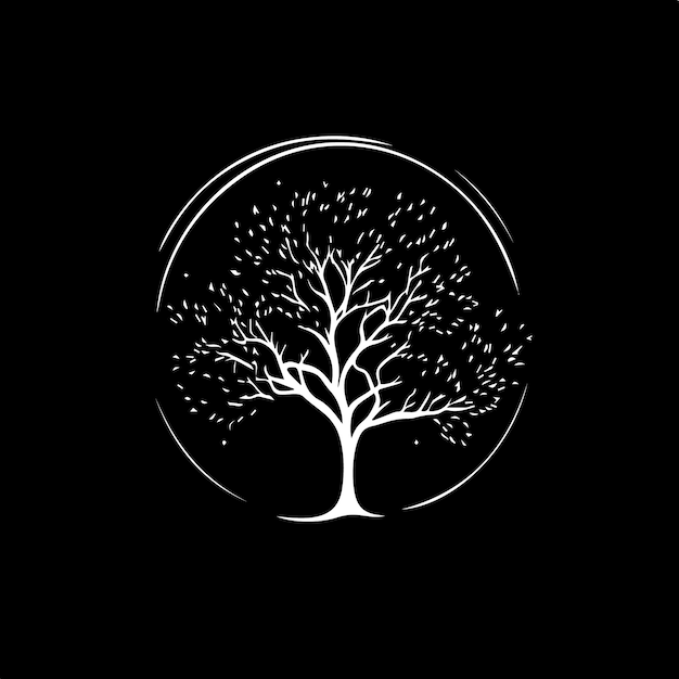 White icon of tree silhouette on black background wise symbol education sign boho logo concept tshirts print tattoo template Vector illustration