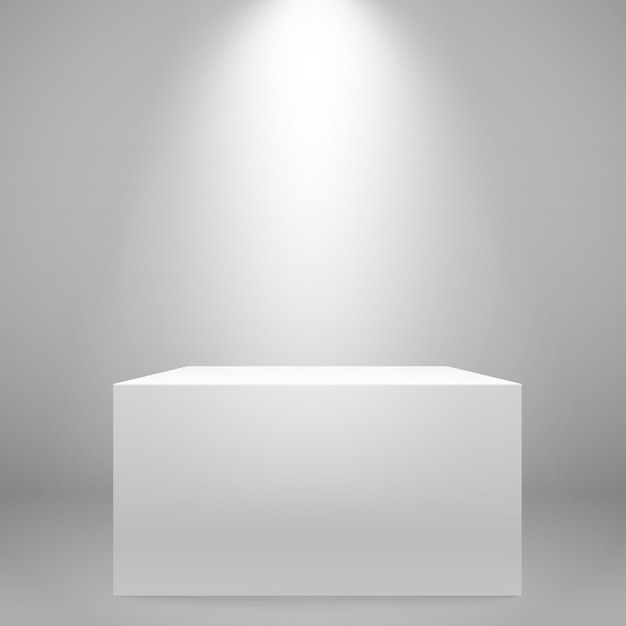 Белая освещенная широкая подставка на стене. векторный макет