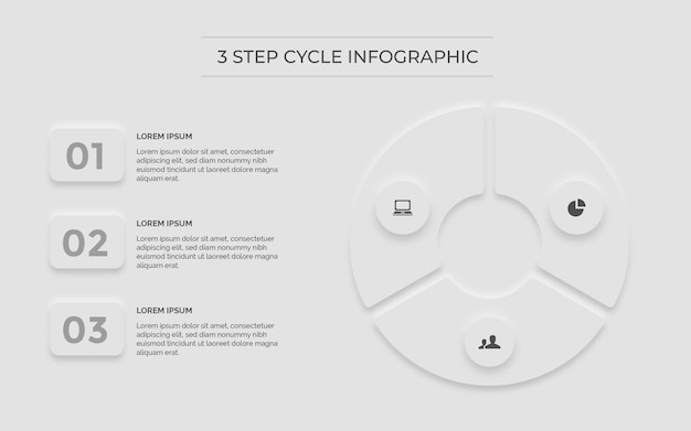 White infographic minimal clean 3 step pie chart type cycle premium vector