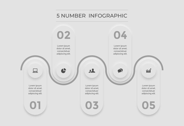 아이콘 프리미엄 벡터가 있는 흰색 infographic 최소 웨이브 5 숫자 글머리 기호