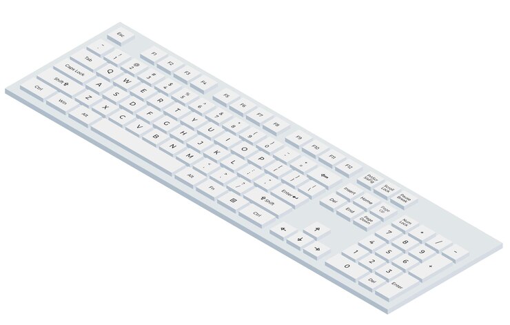 Vector white isometric keyboard with letters and numpad in minimalistic volumetric style illustration of keyboard in simple modern style