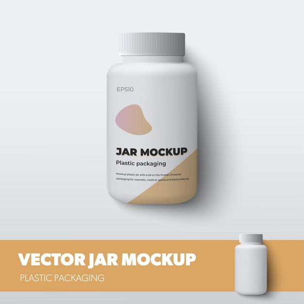 Vector white jar vector template, isolated on background, for design presentation. mockup plastic bottle with screw cap with realistic shadows and yellow illustration. packaging with organic products, cream