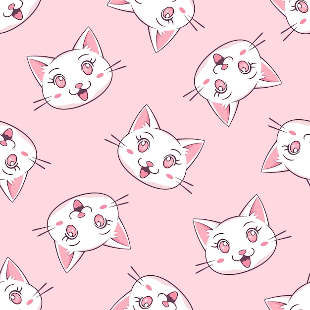 ピンクの背景の白いカワイイ猫 ベクターのシームレスパターン