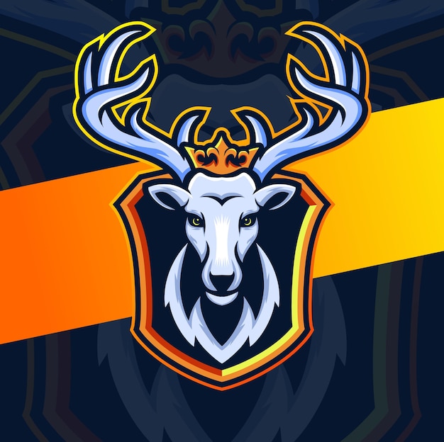 White king deer mascot esport logo design with crown for game and sport logo and illustration