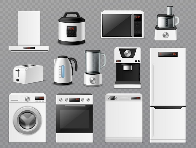Vettore prodotti da cucina bianchi apparecchiature elettroniche domestiche realistiche macchine per interni di consumo 3d frigorifero e forno a microonde macchina per il caffè multicooker e robot da cucina set vettoriale