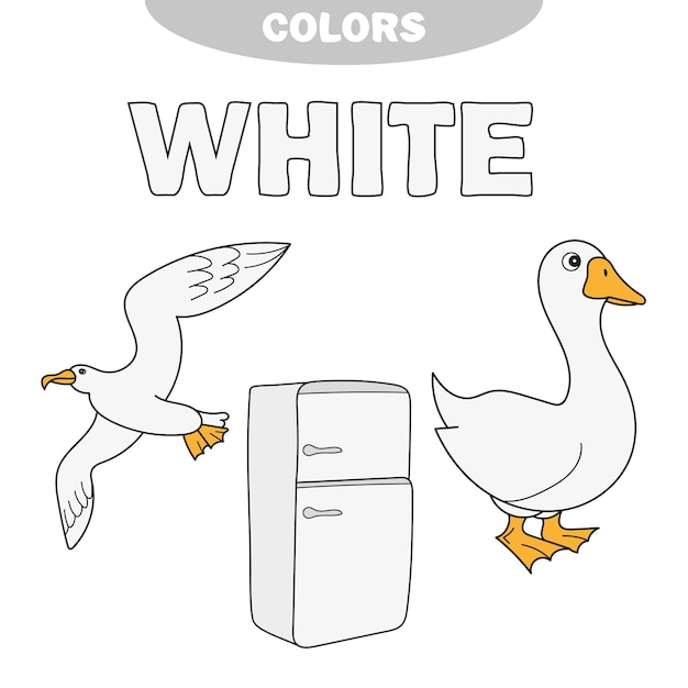 White - learn the colors, kids are learning the colors, worksheet - Education set. Illustration of primary colors. Vector - goose, gull, fridge