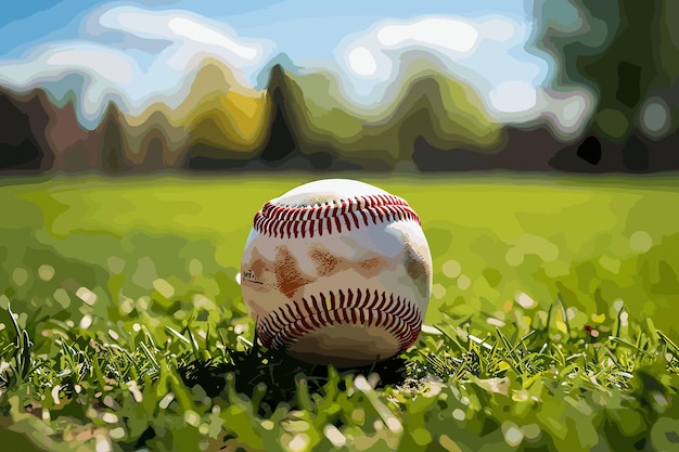 A white leather baseball on a grass field on a sunny day with copy space