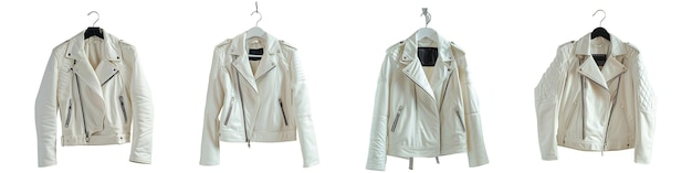 a white leather jacket with a black collar