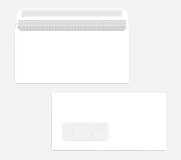 White left hand window peel and seal dl envelope with security pattern. open back and closed front