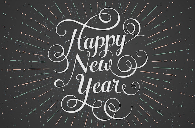 Vector white lettering happy new year with rays