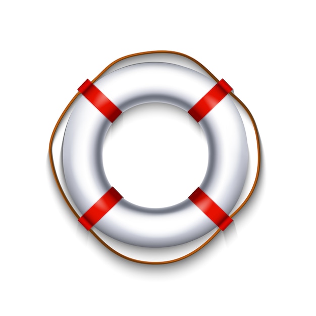 White lifebuoy with red element rope isolated on white background, illustration.