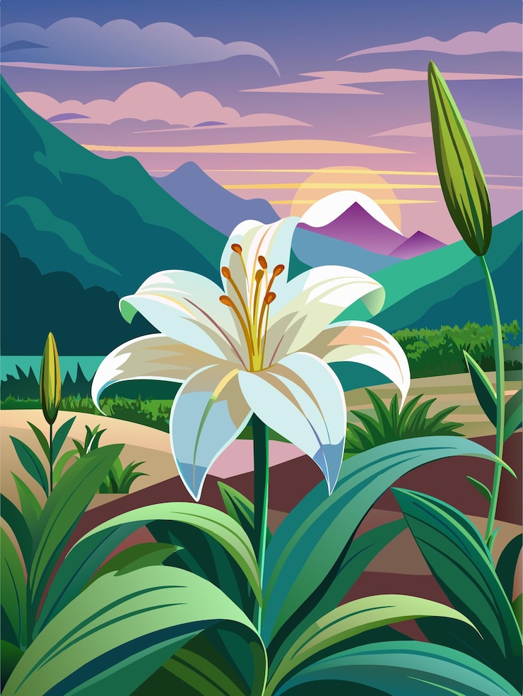 Vector white lily blooming in a lush mountain landscape at sunset