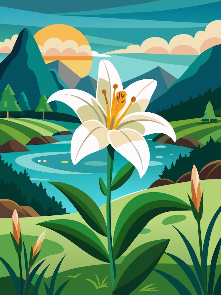 Vector white lily blooming in a mountain landscape