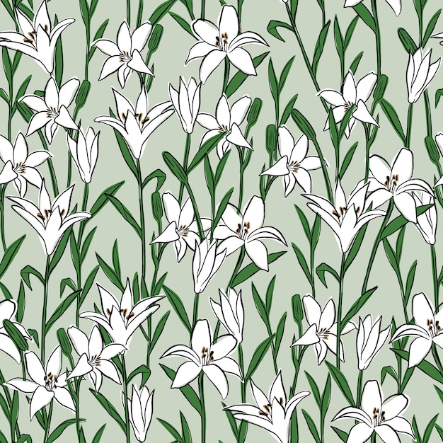 White lily growing wild seamless pattern