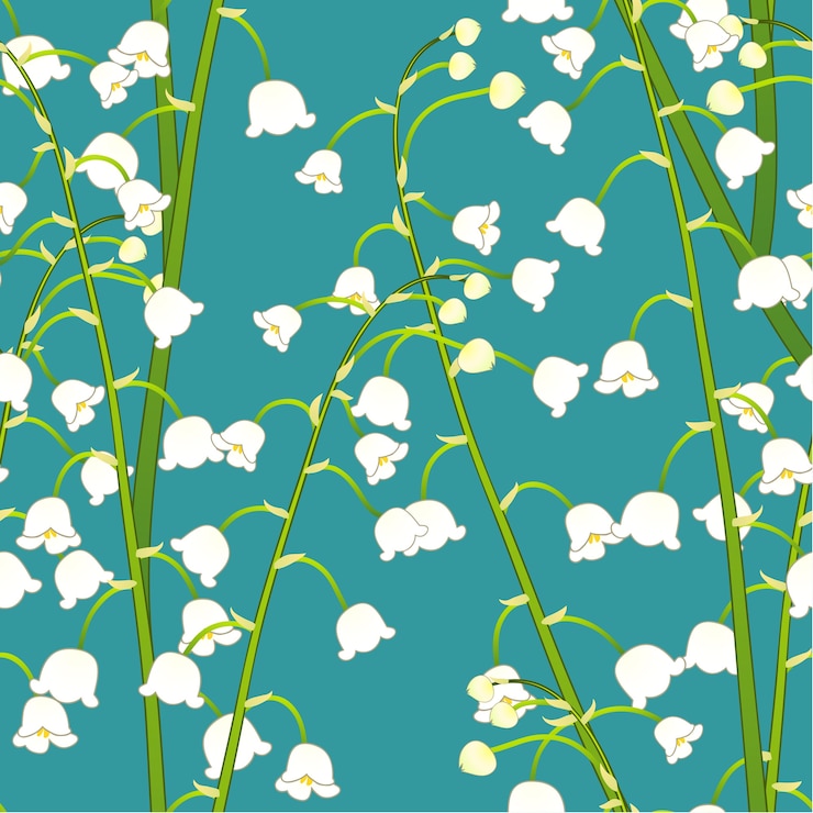 Vector white lily of the valley on green teal background
