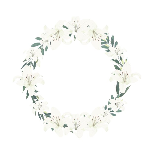 Vector white lily wreath flower frame background
