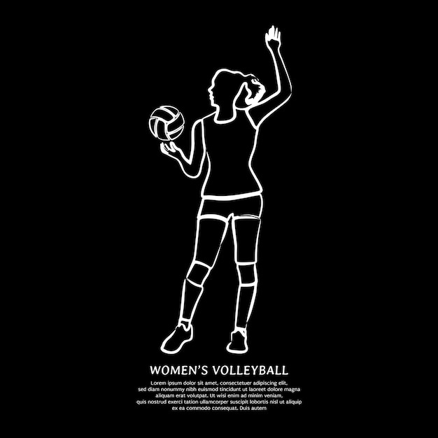 White line art of female volleyball player serving the ball isolated on black background