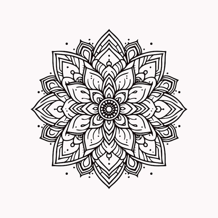 Vector 화이트 라인 아트 손으로 그린 만달라 로터스 꽃 그림