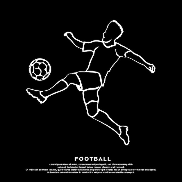 White line art of soccer player jumping kicking a ball isolated on black background