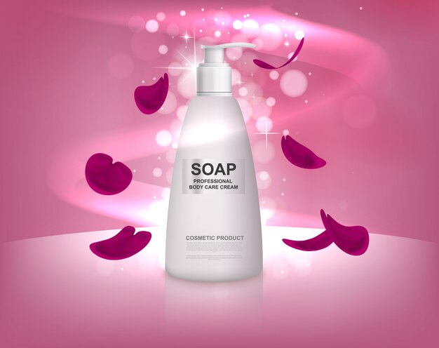 Vector white liquid soap bottle with rose petals.