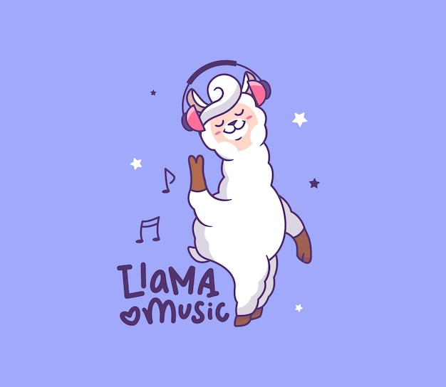 Il lama bianco sta ascoltando la musica in cuffia. animale da cartone animato con frase scritta llama ama la musica.