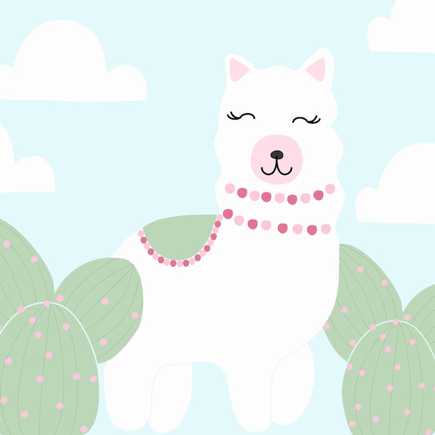 A white llama with a pink beaded necklace and a pink beaded necklace